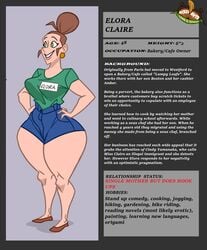 1girls big_ass bottom_heavy brown_hair character_profile character_sheet elora_claire_(wappah) employee_uniform female female_only flats green_eyes hands_on_hips information jorts name_tag oc original original_character profile small_breasts smiling solo t-shirt thick_thighs topknot wappah wide_hips