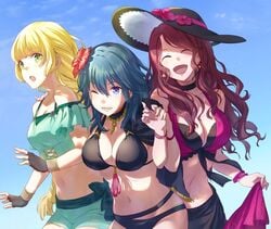 3girls asao_(vc) belly big_breasts bikini bikini_shorts black_bikini black_swimsuit blonde_hair blue_eyes blue_sky breast_size_difference breasts brown_hair byleth_(fire_emblem) byleth_(fire_emblem)_(female) byleth_(summer)_(fire_emblem)_(female) cleavage closed_eyes dorothea_arnault dorothea_arnault_(summer) female female_only fingerless_gloves fire_emblem fire_emblem:_three_houses fire_emblem_heroes flower flower_in_hair front-tie_bikini front-tie_top front_view gloves green_eyes hair_flower happy hat human human_only ingrid_brandl_galatea ingrid_brandl_galatea_(summer) large_breasts long_hair medium_breasts midriff multiple_girls navel nintendo open_smile sarong sky smile smiling stomach sun_hat sunny swimsuit teal_hair upper_body wholesome