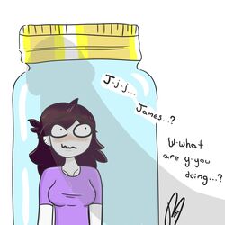 1girls affinityreject blush bukkataro clothed cum_jar cum_jar_(meme) female gigantic_penis huge_cock huge_penis implied_cum_jar in_container jaiden jaiden_animations jaidenanimations jar meme minigirl nervous penis_shadow scared theodd1sout trapped youtube youtuber