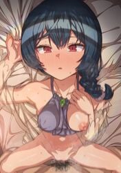 1boy blue_hair blush censored collarbone erere female idolmaster idolmaster_cinderella_girls idolmaster_shiny_colors looking_at_viewer lying male_pubic_hair morino_rinze mosaic_censoring nipples on_back one_breast_out penis pov pubic_hair red_eyes sex sheet_grab short_hair solo_focus straight vaginal_penetration