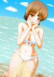 belly_button bikini bob_cut brown_hair hands_on_face intentional_pants_wetting ocean panties peeing peeing_self peeing_underwater pullpull15 smiling swimsuit swimwear urinating urinating_female urination urine water white_panties