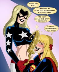 2girls athletic blonde_hair courtney_whitmore dc dc_comics dcau drool female female_only femdom femsub glowing glowing_eyes happy_trance hero heroine kara_zor-el licking long_hair mature mature_female mature_woman mind_control multiple_girls polmanning speech_bubble stargirl supergirl superhero superheroine superman_(series) text tongue tongue_out western