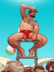 5_fingers 5_toes accidental_exposure arm_hair arm_on_leg arm_up armpit_hair armpits artist_logo background_character background_characters balls bara barefoot barely_clothed barely_contained beach beach_ball beard big_penis bodily_fluids body_hair bottomwear bracelet brown_hair bystanders chair chest_hair clear_sky clothed clothing color crowd dark_hair dark_nipples dick_slip dickslip drawstring exposed exposed_penis faceless_female faceless_male facial_hair feet flaccid foreskin from_below gay genital_fluids genitals glans-peek hairy hairy_feet hairy_legs hand_on_head hand_on_thigh highchair human human_only humanoid_penis intact large_penis leg_hair legs_apart lens_flare lifeguard lifeguard_chair lifeguard_swimsuit light-skinned_male light_skin looking_away looking_to_the_side male male_only manly manspreading masculine mostly_nude muscles muscular muscular_male navel nickie_charles nipples oblivious original original_character outdoor outdoors outside parasol partially_retracted_foreskin pecs penis penis_slip penis_through_leghole poking_out precum precum_drip public public_exposure red_shorts revealing_clothes revealing_swimsuit seat shading_eyes shirtless short_shorts shorts sitting sky solo spread_legs summer sunlight swimming_trunks swimwear tattoo testicle_peek testicles thick_penis toes topless unaware unaware_ uncensored uncircumcised uncut unprofessional_behavior unretracted_foreskin urethra wardrobe_malfunction watermark wrist_tattoo