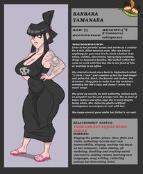 arm_tattoo asian_female ass ass_in_dress barbara_yamanaka_(wappah) big_ass big_breasts black_dress black_eyes black_hair busty character_profile character_sheet female female_only flip_flops goth hair_knot hand_on_hip information long_dress original original_character plain_background profile serious_look skull slightly_chubby solo tattoo thick_thighs voluptuous voluptuous_female wappah white_background wide_hips