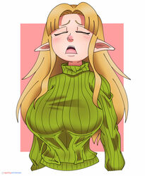 blonde_hair blush closed_eyes clothing female female_only nintendo open_mouth princess_zelda sneeze solo spotty_arts sweater the_legend_of_zelda zelda_(a_link_between_worlds)