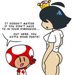 ass black_hair bottomless casual_nudity cowlick crown exhibitionism female game_and_watch jk-kino mario_(series) ms._game_and_watch new_super_mario_bros._u_deluxe public_nudity shiny_skin super_crown super_mario_bros. t-shirt text text_bubble toad_(mario)