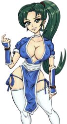 breasts cleavage cosplay crossover dead_or_alive earrings erect_nipples female fire_emblem fire_emblem:_the_blazing_blade green_eyes green_hair jewelry kasumi_(doa) kasumi_(doa)_(cosplay) large_breasts long_hair looking_at_viewer lyn_(fire_emblem) lyndis_(fire_emblem) matching_hair/eyes naughty_face nintendo no_bra no_panties no_underwear ponytail redfoil revealing_clothes seductive_smile smile solo thighhighs