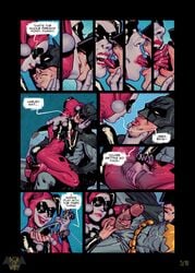 1boy 1girls ankle_boots batman batman_(series) batquinn big_breasts big_penis biting_tongue black_nails blonde_hair blue_eyes bodysuit boots boxofwant bruce_wayne clothed_female comic comic_page dc dc_comics domino_mask english_text female french_kiss groping_through_clothes harley_quinn harley_quinn_(classic) high_heel_boots high_heels jester_cap kissing kissing_neck light-skinned_male lipstick lipstick_marks lipstick_smear makeup male nail_polish page_3 page_number red_nails sitting_on_lap straight taking_off_glove tongue tongue_kiss