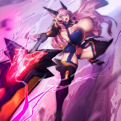 big_breasts blue_eyes cat_ears curvy huge_breasts long_hair maria_cadenzavna_eve melon22 muscular muscular_female muscular_thighs open_mouth original pink_hair senki_zesshou_symphogear thick_thighs weapon yelling