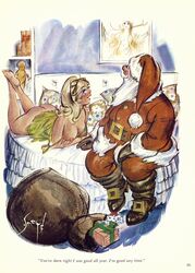 1boy 1girls age_difference ass bed blonde_hair breasts colored dialogue doug_sneyd exposed_ass female humor lying_on_bed nightgown nipples no_panties old_man one_breast_out page_331 santa_claus see-through see-through_clothing straight text traditional_art traditional_media_(artwork)