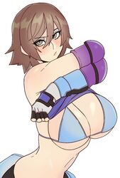 blush bra breasts brown_eyes brown_hair cleavage female kazama_asuka large_breasts lifted_by_self looking_at_viewer shirt_lift short_hair solo tekken underwear undressing yoshiikirablr