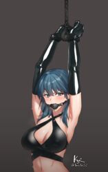 1girls armpits arms_above_head arms_up ball_gag bdsm belly_button bikini_top black_bikini_top blue_eyes blue_hair blush bondage breasts byleth_(fire_emblem) byleth_(fire_emblem)_(female) chained chains cleavage criss-cross_halter dildo dildo_gag dildo_in_mouth elbow_gloves female femsub fire_emblem fire_emblem:_three_houses gag gagged gloves halterneck handcuffs hands_tied heavy_breathing highres hook k52 large_breasts latex latex_elbow_gloves latex_gloves latex_suit light_blush long_gloves looking_at_viewer midriff navel nintendo redboylover98 saliva sex_toy short_hair sidelocks slave solo submissive_female sweat sweating swimsuit_top teal_hair tied_up wrist_cuffs