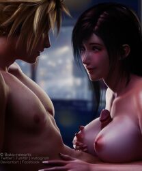 1boy 1girls 3d areolae blonde_hair breasts brown_hair cloud_strife cum erect_nipples eye_contact female final_fantasy final_fantasy_vii final_fantasy_vii_remake male nipples nude nude_female outercourse paizuri pale_skin penis precum red_eyes ria-neearts romantic smile square_enix tifa_lockhart
