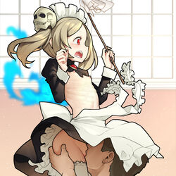 1boy aoi_tsunami apron ass_grab black_skirt bloody_marie breasts brown_hair commentary_request cunnilingus duster fangs female frilled_apron frills groin hair_ornament hands_up holding indoors juliet_sleeves long_sleeves maid maid_apron maid_headdress nipples open_mouth oral out_of_frame puffy_sleeves red_eyes ribs shrug_(clothing) sideways_mouth skirt skirt_lift skull_hair_ornament skullgirls small_breasts surprised tears thighhighs transparent twintails white_apron white_legwear window