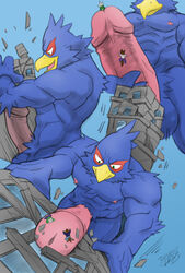 2020 anthro avian bird blue_body blue_fur building building_penetration building_sex city destruction drnx falco_lombardi fur genitals hi_res macro male male_only muscular muscular_anthro muscular_male nintendo open_mouth penis siman-clifton solo star_fox video_games