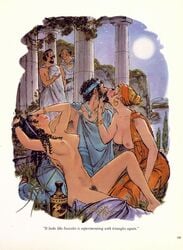 1boy 2girls ancient_greece beard black_hair blonde_hair breasts clothed clothed_female_nude_female clothed_male_nude_female clothing colored curly_hair doug_sneyd exposed_breasts ffm_threesome greek_mythology historical humor kiss kissing male night nipples outdoors page_129 pubic_hair straight text threesome traditional_art traditional_media_(artwork) watching