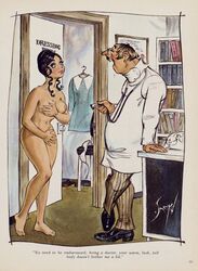 breasts clothed_male_nude_female colored covering_self doctor doctors_office doug_sneyd dressing_room humor nipples page_131 patient shy stethoscope straight stripped traditional_art traditional_media_(artwork) white_coat