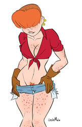 biting_lip clothed clothing cowgirl earrings eyes_covered female freckles gloves hair handwear hot_pants human june_bug orange_hair pale_skin pants pants_pull partially_clothed pubic_hair short_shorts shorts solo stickymon thigh_gap