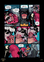 1boy 1girls batman batman_(series) batquinn big_breasts big_penis blonde_hair blowjob blue_eyes boxofwant bruce_wayne comic_page costume couch dc dc_comics domino_mask english_text fellatio female harley_quinn harley_quinn_(classic) hugging_penis licking licking_penis light-skinned_male lipstick lipstick_on_penis male mature_female oral page_4 page_number straight superhero supervillain tongue