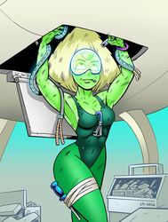 armpits breasts curtsibling female fixing green_skin muscular_female peridot_(steven_universe) platinum_blonde_hair screwdriver steven_universe tagme torn_clothes visor wide_hips