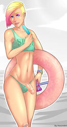 1boy artist_name balls_in_panties bandage beach bikini_bottom biting_lip blonde_hair blue_eyes crop_top ear_piercing eyeshadow femboy floatation_device foreskin girly hazardini male male_only multicolored_hair navel penis pink_hair popsicle sissy toned veiny_penis white_background