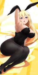 1girls animal_ears arm_behind_head arm_up armpit belly big_breasts black_legwear black_leotard black_pantyhose blonde blonde_hair blue_eyes bunny_ears bunny_girl bunnysuit clothed_female covered_navel covered_nipples darkness_(konosuba) eyebrows eyebrows_visible_through_hair fake_animal_ears female female_focus female_only hair_between_eyes high_heels jampen kono_subarashii_sekai_ni_shukufuku_wo! legwear leotard long_hair looking_at_viewer mouth_open navel no_bra open_mouth pantyhose solo solo_female solo_focus stomach thick_thighs thighs thin_eyebrows