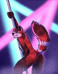 5_fingers ailurid anthro anus balls brown_body brown_fur dancing eyewear eyewear_only fingers fur genitals glasses glasses_only hi_res holding_object looking_back male male_only mammal markings nightclub nude penis pole pole_dancing raised_tail red_body red_fur red_panda slightly_chubby smile solo stripper_pole strobe_lights tailtufts thick_thighs tuft watermark whisker_markings whisker_tuft whiskers white_body white_fur