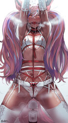 animal_ears armpits arms_up ass_visible_through_thighs ball_gag bangs blue_hair blush bondage bound bra breasts collar commentary crotch_rope dark_skin ehrrr elbow_gloves english_commentary female femsub fox_ears fox_girl fox_tail gag gagged garter_belt gloves hair_between_eyes hair_ornament hairclip happy_sub heavy_breathing highres hitachi_magic_wand leash lingerie linked_nipples linked_piercing long_hair looking_at_viewer multicolored_hair nipple_clamps nippleless_bra nippleless_clothes orange_eyes original panties piercing pink_hair pubic_tattoo restrained rope sex_toy shibari simple_background small_breasts solo streaked_hair sweat tail tattoo thighhighs tied_up twintails two-tone_hair underwear underwear_only vibrator white_background white_bra white_garter_belt white_gloves white_legwear white_panties