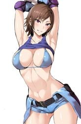 armpits arms_up ass_visible_through_thighs belt bikini blush breasts brown_eyes brown_hair elbow_pads female grin groin hiiragi_yuuichi kazama_asuka large_breasts looking_at_viewer navel shiny shiny_skin short_hair short_shorts shorts simple_background smile solo stomach swimsuit tank_top_lift tekken tetsuo_(tetuo1129) tsurime white_background