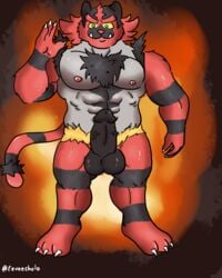 anthro balls body_hair chest_hair erection felid genitals hi_res humanoid_genitalia humanoid_penis incineroar kuma-arts male male_only mammal nintendo nude penis pokémon_(species) pokemon solo standing video_games