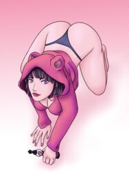 1girls ass big_ass big_breasts black_hair bottomless california_king_bed clothed clothing fake_animal_ears female female_focus female_only hat higashikata_daiya jojo's_bizarre_adventure jojolion light-skinned_female light_skin nutkingcall panties presenting short_hair solo_female solo_focus thick_thighs thong wide_hips yasuho_hirose