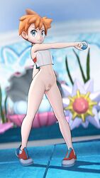 1girls 3d bottomless casual_exposure female female_only footwear greatm8 human kasumi_(pokemon) looking_at_viewer misty_(pokemon) nintendo poke_ball pokemon pokemon_rgby pubic_hair pussy red_hair shoes starmie topwear