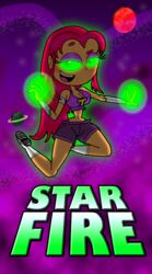 alien alien_girl dc female female_only glowing_eyes glowing_hands green_glow humanoid midriff montatora-501 omegusmaximus orange_skin outer_space pose questionable_consent raised_eyebrow red_hair smile space starfire tamaranean teen_titans tongue