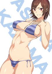 bikini breasts brown_hair character_name contrapposto cowboy_shot female hiiragi_yuuichi jewelry kazama_asuka large_breasts necklace purple_bikini red_eyes short_hair side-tie_bikini smile solo standing striped striped_bikini swimsuit tekken tetsuo_(tetuo1129) tsurime