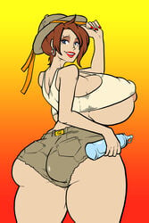 adjusting_hat ass back_view backboob big_ass big_butt blue_eyes booty_shorts bottle brown_hair crop_top_overhang dark_blue_eyes exposed_nipples female gabrielle_(swegabe) gigantic_ass gigantic_breasts gradient_background holding_bottle holding_object huge_ass huge_breasts huge_butt human large_ass large_breasts large_butt legend_of_queen_opala lipstick looking_at_viewer looking_back makeup midriff milf mole_above_eye naughty_face nipples orange_background plastic_bottle rear_view red_background red_lipstick revealing_clothes safari_hat seductive seductive_smile short_shorts smile solo solo_female sparrow_(artist) standing tagme thick_thighs tight_clothing tight_fit underboob water_bottle yellow_background