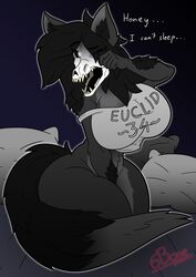 anthro bed_sheet big_breasts bottomless breasts clothing dialogue english_text female fur furry furry_only glowing_eyes huge_breasts large_breasts pillow scp-1471 scp-1471-a scp_foundation sixbone tail teeth text thick_thighs topwear wide_hips