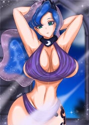 arms_behind_head belly_button blue_eyes blue_hair breast_curtains cleavage curvaceous curvy dark_blue_hair enslaved_royal ethereal_hair fenrox harem_girl harem_outfit huge_breasts humanized my_little_pony my_little_pony_friendship_is_magic nipples_visible_through_clothing princess_luna_(mlp) royalty see-through see-through_clothing skimpy_clothes slave tiara transparent_clothing voluptuous