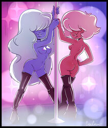 2girls ass breasts cartoon_network cubedcoconut female female_only gem_(species) multiple_girls nipples off_colors_(steven_universe) padparadscha_(steven_universe) pussy sapphire_(steven_universe) steven_universe stripper stripper_pole tagme