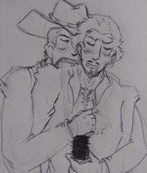 2boys blush censored duster_(mother_3) facial_hair flint gay handjob male mother_3 traditional_media_(artwork) yaoi