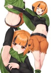 1girls armpits ass ass_cleavage big_ass breasts butt_crack eye_contact gardenia_(pokemon) greatnaosuke horny looking_at_viewer multiple_views nintendo orange_hair pokemon pokemon_dppt short_hair shorts solo standing sweat thick_thighs thighs yoi_naosuke