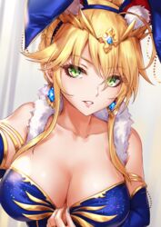 1girls animal_ears artoria_pendragon artoria_pendragon_(lancer) big_breasts blonde_hair blue_leotard blue_nails blush braid breasts bridal_gauntlets bunny_ears close-up crown detached_sleeves earrings eyelashes fate/grand_order fate_(series) female female_only french_braid fur_collar green_eyes hair_between_eyes highres jewelry large_breasts leotard long_hair looking_at_viewer nail_polish sakiyamama sidelocks solo