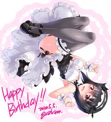 alternate_costume ass black_hair black_legwear black_panties blush bow bowtie breasts brown_eyes cute_fang dated embarrassed eyebrows_visible_through_hair female girls_und_panzer glasses happy_birthday highres kawashima_momo kuzuryuu_kennosuke large_breasts looking_at_viewer maid maid_headdress monocle open_mouth panties shiny shiny_clothes shiny_hair shiny_skin short_hair simple_background solo sweat tears thighhighs underwear wrist_cuffs