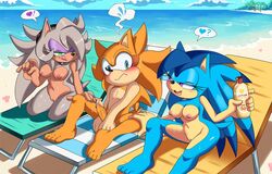 1boy 2020 2girls anthro areolae background beach beauty_mark blue_fur blush breasts digital_media_(artwork) erection fan_character greymelon large_breasts mobian_(species) naked nipples nude original_character penis precum pussy saber_the_porcupine sega sonic_(series) sonic_fan_characters sonic_oc sonic_team sonic_the_hedgehog_(series) wide_hips