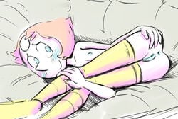 1girls anus blue_anus blue_blush blue_eyes blue_nipples blue_pussy blush blushing breasts cubedcoconut female female_only flat_chest flat_chested gray_background legs_hold lying lying_on_side naked nipples nude nude_female pearl_(steven_universe) pink_hair pussy smiling steven_universe thighhighs white_skin yellow_thighhighs