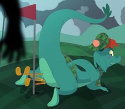 2020 anal anal_sex anus blush bodily_fluids bottomwear clothing clothing_lift detailed_background disembodied_hand disney female feral flag genital_fluids genitals golf_club golf_course green_body green_scales hair hat headgear headwear hi_res improvised_sex_toy kilt loch_ness_monster looking_back lying mountain nessie object_in_ass object_in_pussy object_insertion on_front penetration pussy pussy_juice raised_tail red_hair reptile scales scalie scarf short_hair silhouette skirt skirt_lift solo the_ballad_of_nessie torinsangel vaginal_penetration wugi