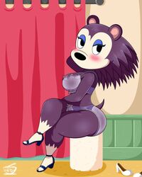 1girls animal_crossing black_eyes blush female furry hedgehog high_heels labelle_able lingerie nintendo noodle-doodlez purple_fur purple_hair solo thick_thighs underwear