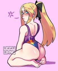 1boy androgynous angry ass avery_(pokemon) big_ass blonde blonde_hair blue_eyes blush clothing crossdressing embarrassed eye_contact feet female femboy girly glasses hairbow human long_hair looking_at_viewer looking_back male male_only nintendo one-piece_swimsuit pale-skinned_male pale_skin pink_background pokemon pokemon_ss ponytail solo swimsuit thick_ass thick_thighs thighs trap uggu_bang watermark