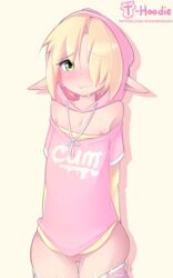 10:16 balls bare_shoulders blonde_hair bodily_fluids bottomless clothed clothing elf english_text eyebrow_through_hair eyebrows femboy genitals girly green_eyes hair hair_over_eyes hands_behind_back hi_res hood_up hoodie hoodie_(artist) humanoid long_ears looking_at_viewer male male_only max_(hoodie) motion_lines nipple_slip nipples original pink_nipples shadow short_hair signature simple_background solo solo_male standing sweat tan_background text text_on_clothing text_on_hoodie text_on_topwear topwear translucent translucent_hair undressing url white_body white_skin