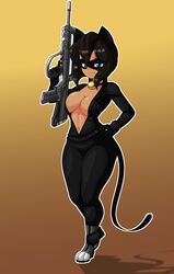 1girls black_hair breasts cat_noir clothing cosplay dark-skinned_female dark_skin female firearm footwear gun gunsmith_cats handwear human miraculous_ladybug rally_vincent rifle short_hair the_yeager unzipped weapon