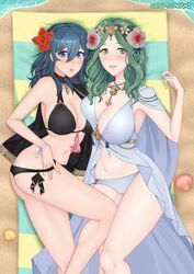 2girls adjusting_clothes alternate_version_available artist_name asymmetrical_docking beach bikini black_bikini black_swimsuit blue_eyes breasts byleth_(fire_emblem) byleth_(fire_emblem)_(female) cryptid_(artist) cryptid_crab female female/female female_only fire_emblem fire_emblem:_three_houses fire_emblem_heroes flower flower_in_hair green_eyes green_hair large_breasts long_hair looking_at_viewer multiple_girls nintendo official_alternate_costume revision rhea_(fire_emblem) seaside shell swimsuit teal_hair towel water white_bikini white_swimsuit yuri